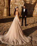 Designer Sweetheart Long A-line Glitter Lace Wedding Dress With Slit