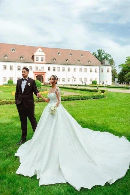 Designer Sweetheart Long White Satin Lace Wedding Dresses With Long Sleeves