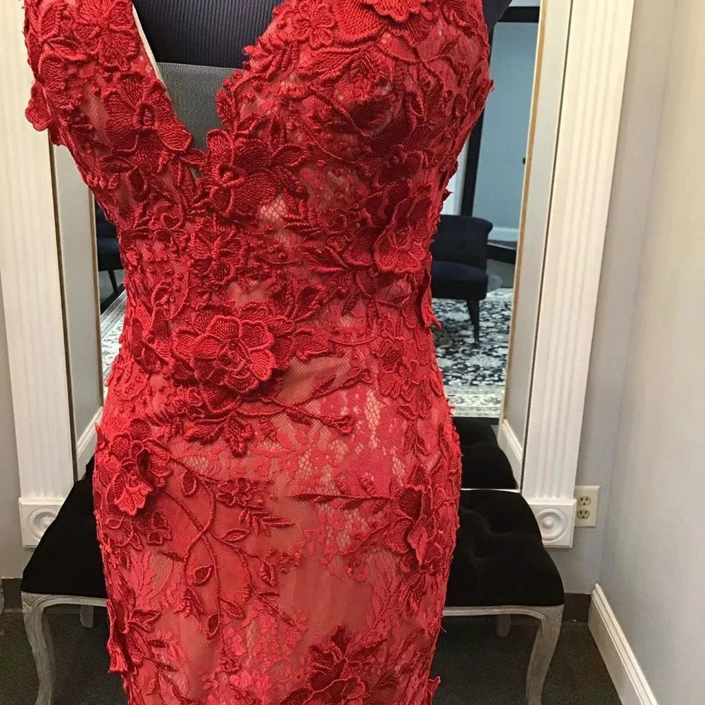 Red Handmade Lace Appliques Evening Dress,Mermaid/Trumpet V Neck Red Formal Gown Y1402