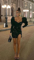 Glitter Sequin Black Short Homecoming Dresses Puffy Long Sleeves Sweetheart Fashioned Cocktail Dress Y1515