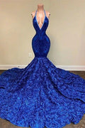 Dignified Blue Halter V-neck Sequins Split Front Sleeveless Floor-length Mermaid Prom Dresses