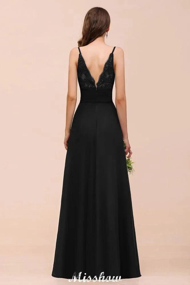 Double V-Neck Front Split Bridesmaid Dress Formal Party Dress for Wedding Black