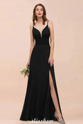 Double V-Neck Front Split Bridesmaid Dress Formal Party Dress for Wedding Black
