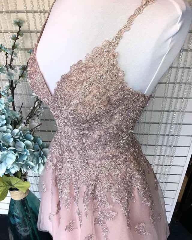 Dusty Blush Tulle Spaghetti Straps V-Neck A-Line Homecoming Dress PD359