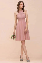 Dusty Pink Knee Length Bridesmaid Dress Halter Chiffon Maid of Honor Dress