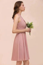 Dusty Pink Knee Length Bridesmaid Dress Halter Chiffon Maid of Honor Dress