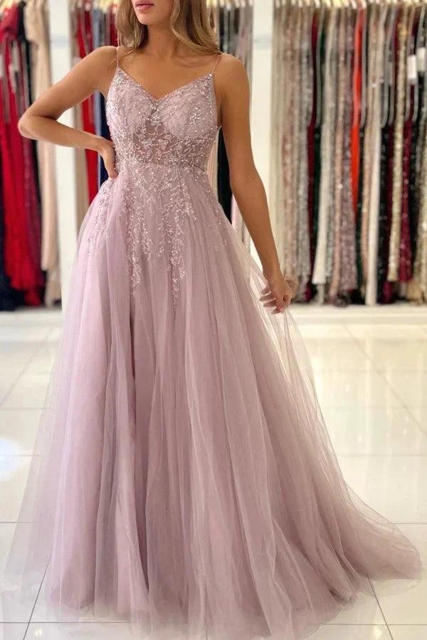 Dusty Pink Long A-line V-neck Tulle Glitter Prom Dress with Slit