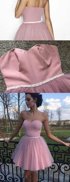 Dusty Pink Tulle Sweetheart Strapless With Beaded Sash Homecoming Dresses PD341