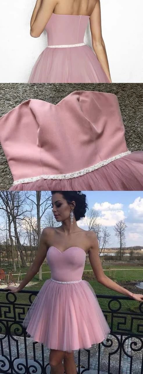 Dusty Pink Tulle Sweetheart Strapless With Beaded Sash Homecoming Dresses PD341