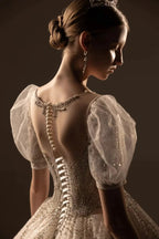 Sparkling Ball Gown Sweetheart Neck Tulle Wedding Dress with Beaded Embroidery & Sheer Puff Sleeves Q6021