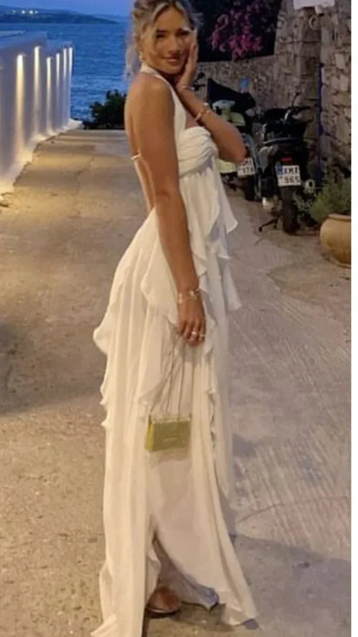 Bohemian White Chiffon Evening Dress Halter Prom Dress Party Gown Y7542
