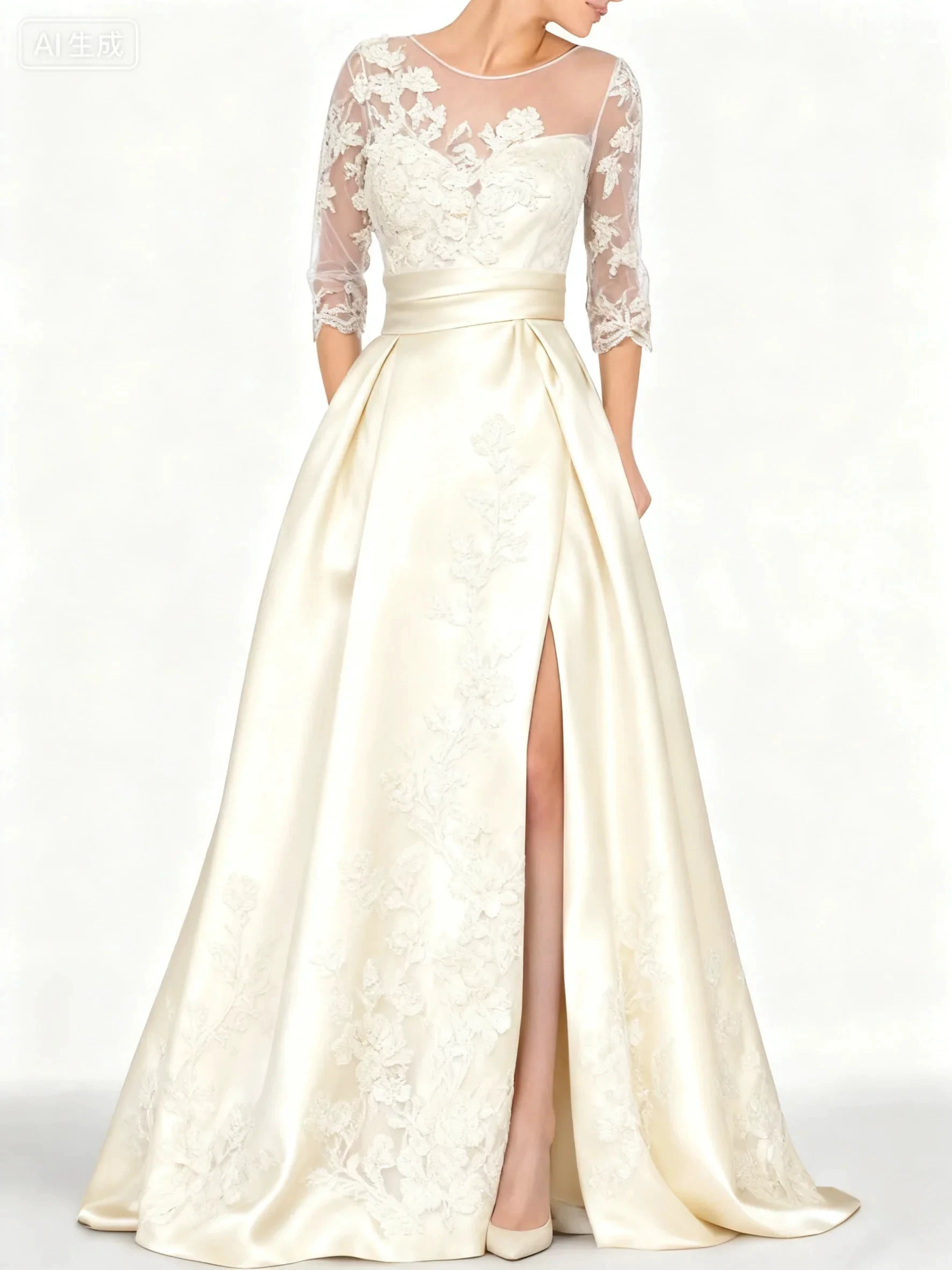 Elegant black satin embroidered formal dress