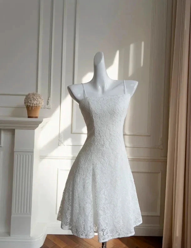 Classy White Spaghetti Straps Lace A Line Homecoming Dress Mini Party Dress Y8584