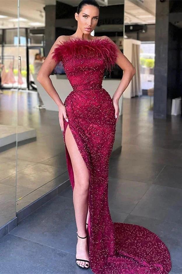 Strapless Sleeveless Mermaid Long Prom Dress with Beads and Split