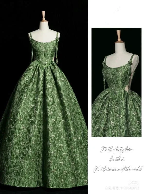 Vintage Green Evening Gown Spaghetti Straps A Line Prom Party Dress Brithday Ball Gown Y7567
