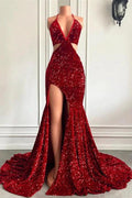 Split Front Red Halter V-Ncek Sequin Floor Length Mermaid Prom Dress
