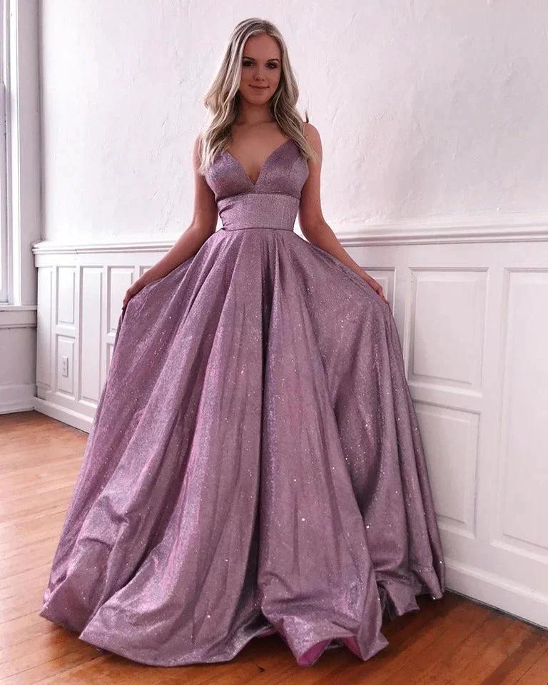 A-line V-neck Sequins Floor Length Evening Dress with Spaghetti Straps