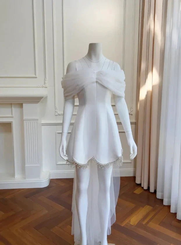 Dream Off The Shoulder White Satin Tulle Homecoming Dress,Mini Party Dress Y8585