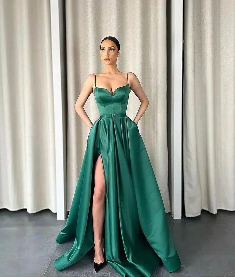 Long A-Line Satin Spaghetti Straps V-Neck Front Slit Prom Dress With Pockets