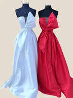 Edgar | Strapless White Satin A-line Long Formal Dress with Bow