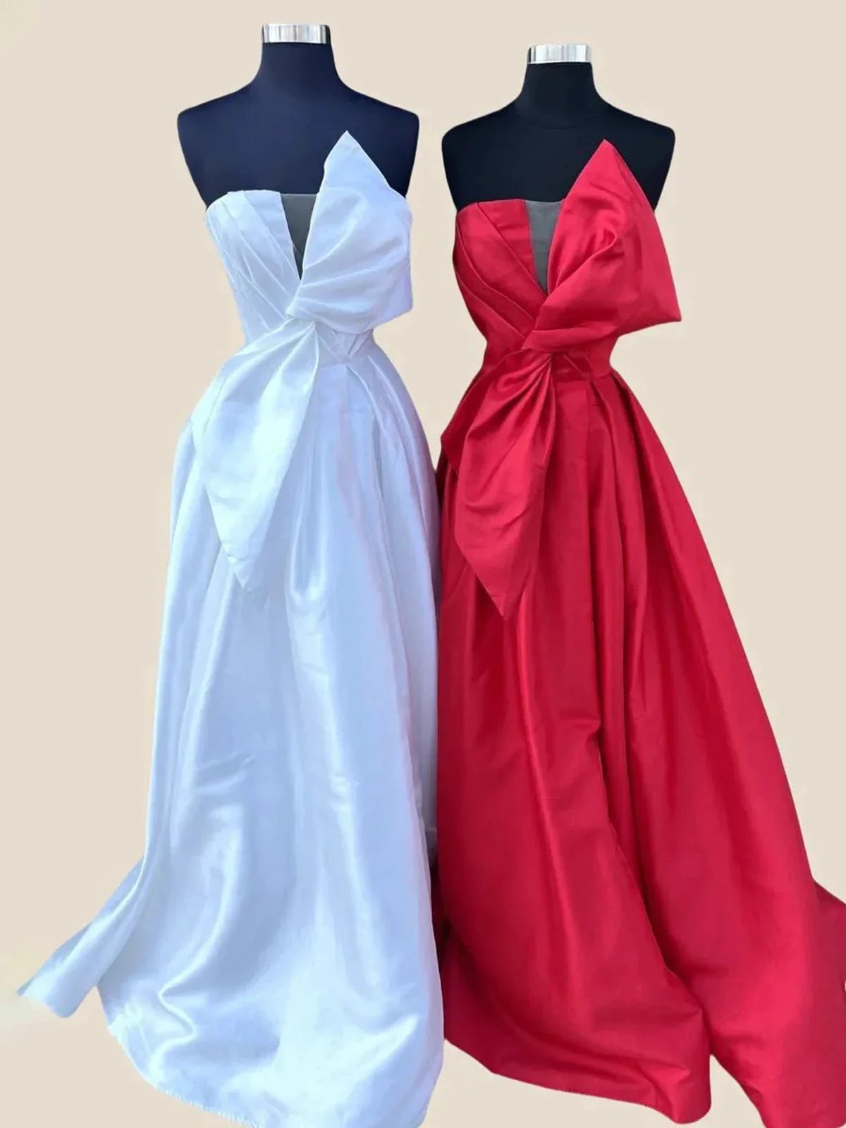 Edgar | Strapless White Satin A-line Long Formal Dress with Bow