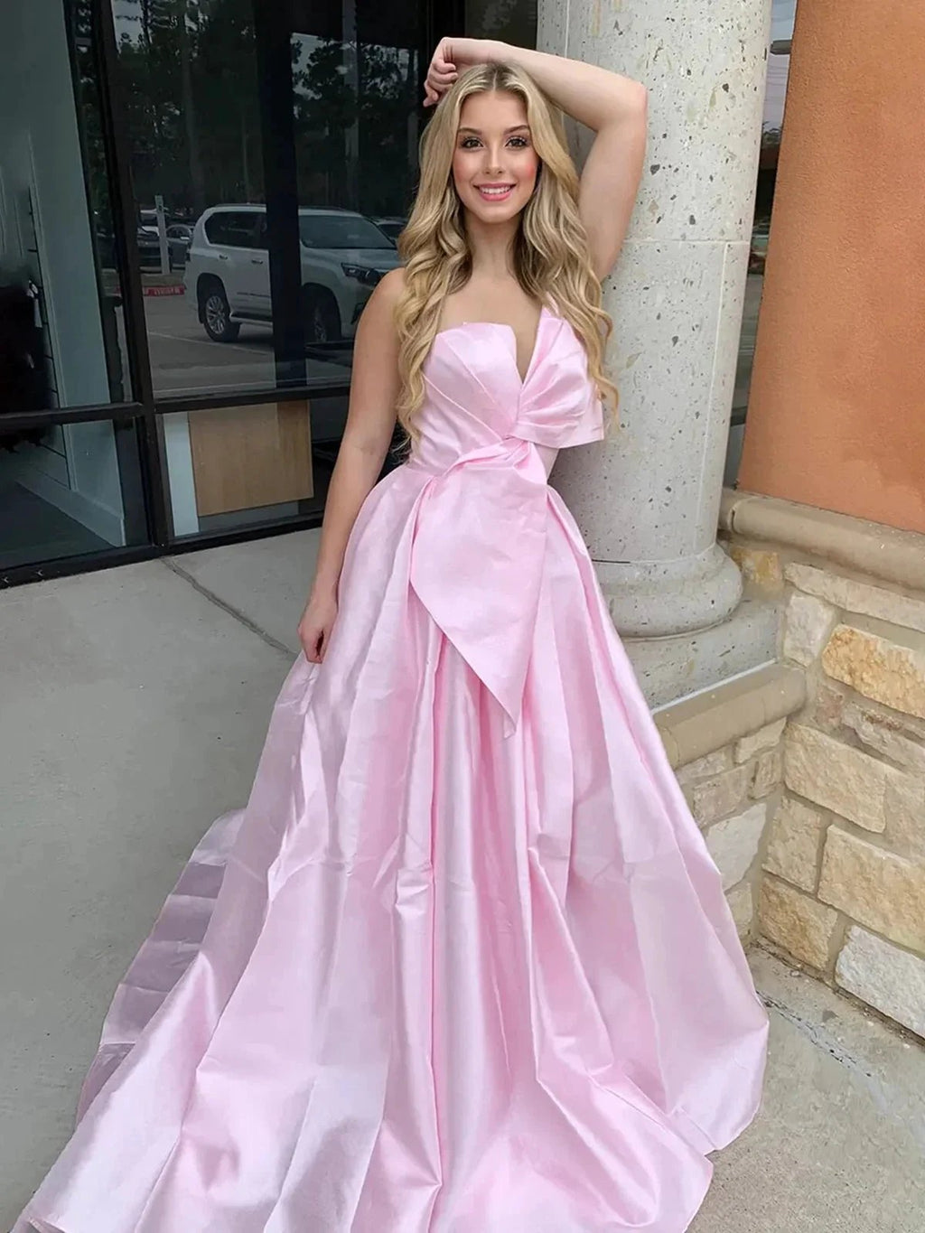 Edgar | Strapless White Satin A-line Long Formal Dress with Bow