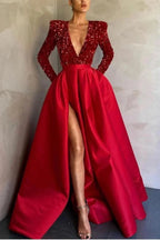Long Sleeves Mermaid V-Neck Sequins Satin Prom Dress with Split