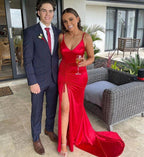 Red Long Mermaid V-neck Backless Evening Prom Dress with Slit