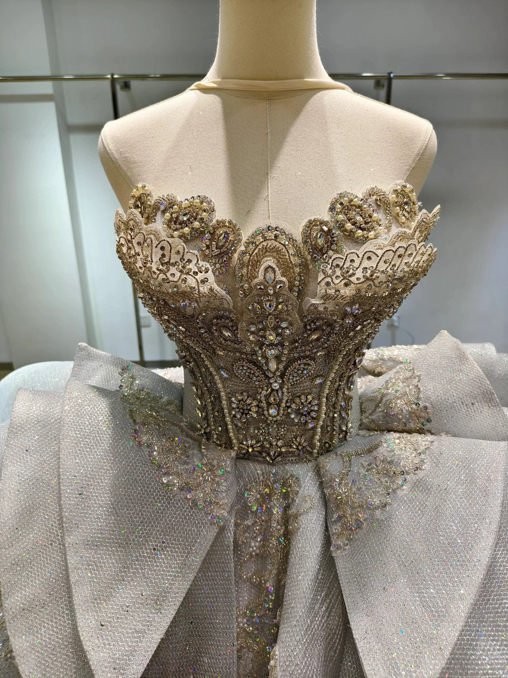 Silver Haze Strapless Ballgown: Gilded Beaded Bust & Ruffled Train