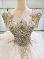 Silver Sparkle Cap-Sleeve Ballgown Beaded Bust & Bow Train
