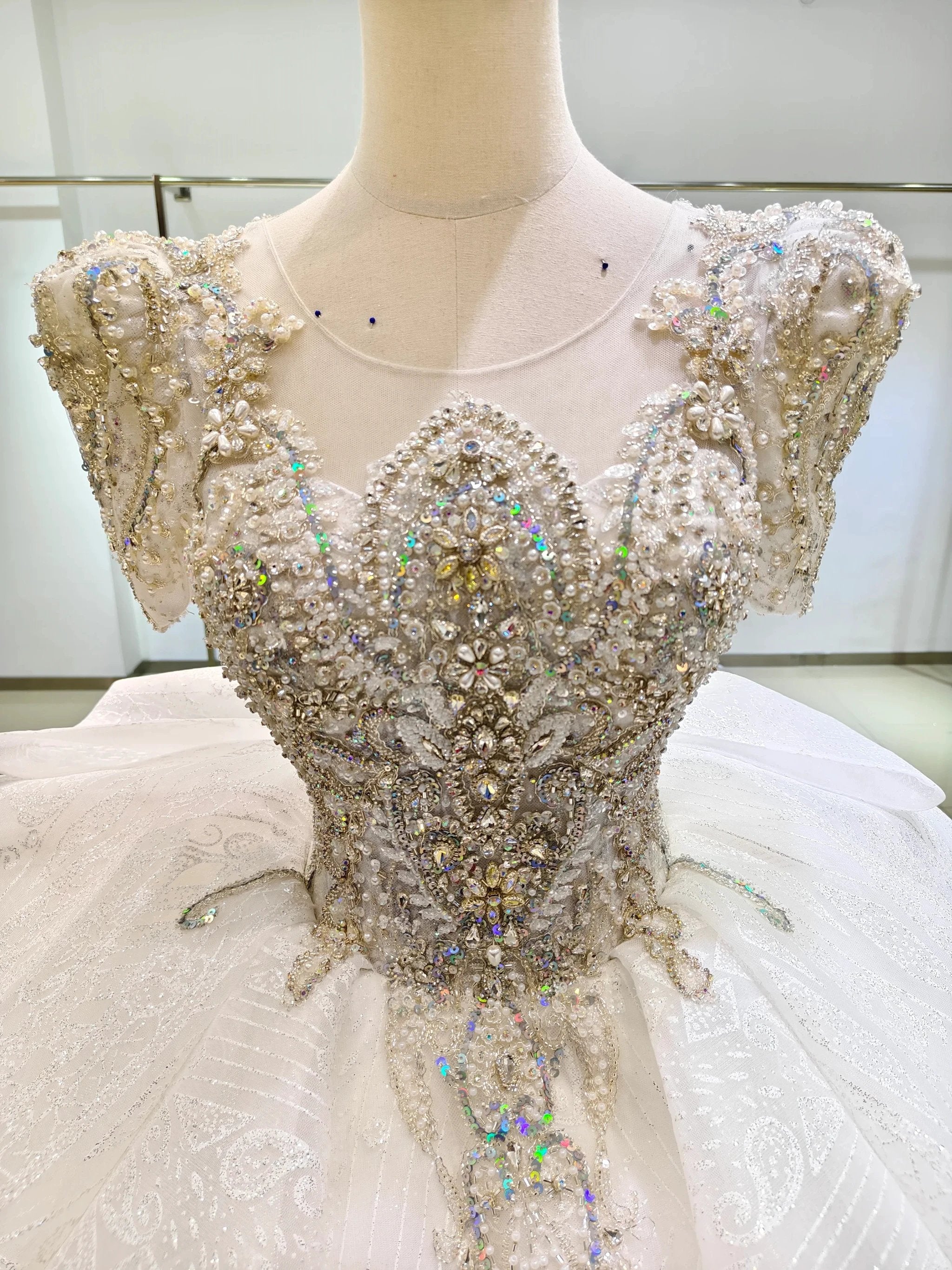 Silver Sparkle Cap-Sleeve Ballgown Beaded Bust & Bow Train
