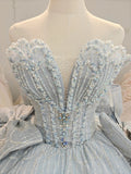 Dreamy Light Blue Sweetheart Ball Gown Wedding Dress with Sequin Tulle, Pearl Beading & Oversized Bow Ye-2029