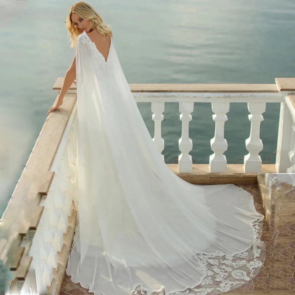 Spaghetti Straps Wedding Dress Elegant Lace Appliques Bridal Gown V Neck Backless Chiffon Robe Custom Made