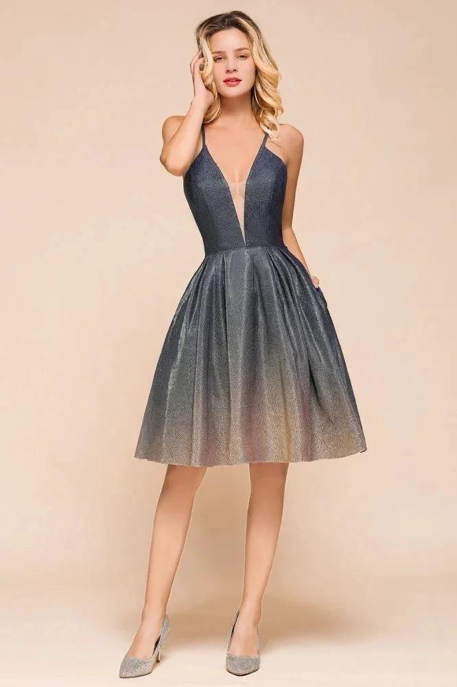 Elagant Spaghetti Straps Bronzing Knee Length Evening Party Dress Deep V-Neck Backless Prom Dress with Pocket