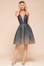 Elagant Spaghetti Straps Bronzing Knee Length Evening Party Dress Deep V-Neck Backless Prom Dress with Pocket