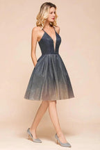Elagant Spaghetti Straps Bronzing Knee Length Evening Party Dress Deep V-Neck Backless Prom Dress with Pocket