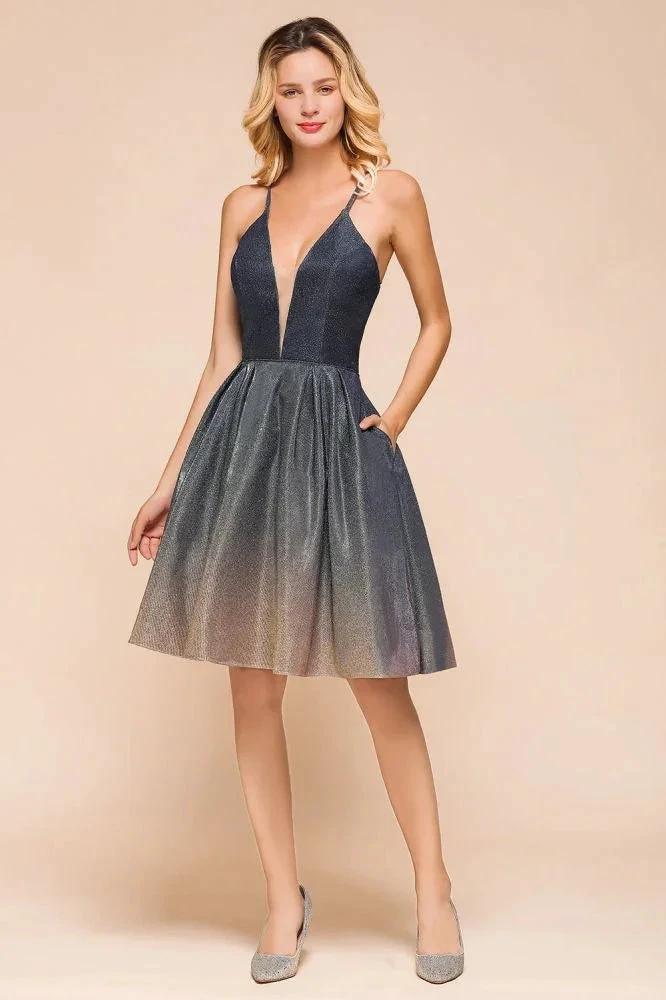Elagant Spaghetti Straps Bronzing Knee Length Evening Party Dress Deep V-Neck Backless Prom Dress with Pocket