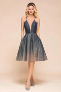 Elagant Spaghetti Straps Bronzing Knee Length Evening Party Dress Deep V-Neck Backless Prom Dress with Pocket
