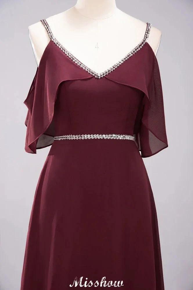 elegant A-line Chiffon V-Neck Spaghetti Straps Sleeveless Floor-Length Bridesmaid Dresses with Beading