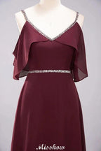 elegant A-line Chiffon V-Neck Spaghetti Straps Sleeveless Floor-Length Bridesmaid Dresses with Beading