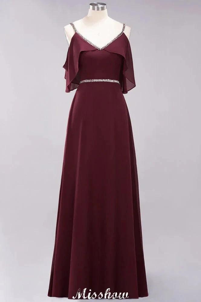 elegant A-line Chiffon V-Neck Spaghetti Straps Sleeveless Floor-Length Bridesmaid Dresses with Beading