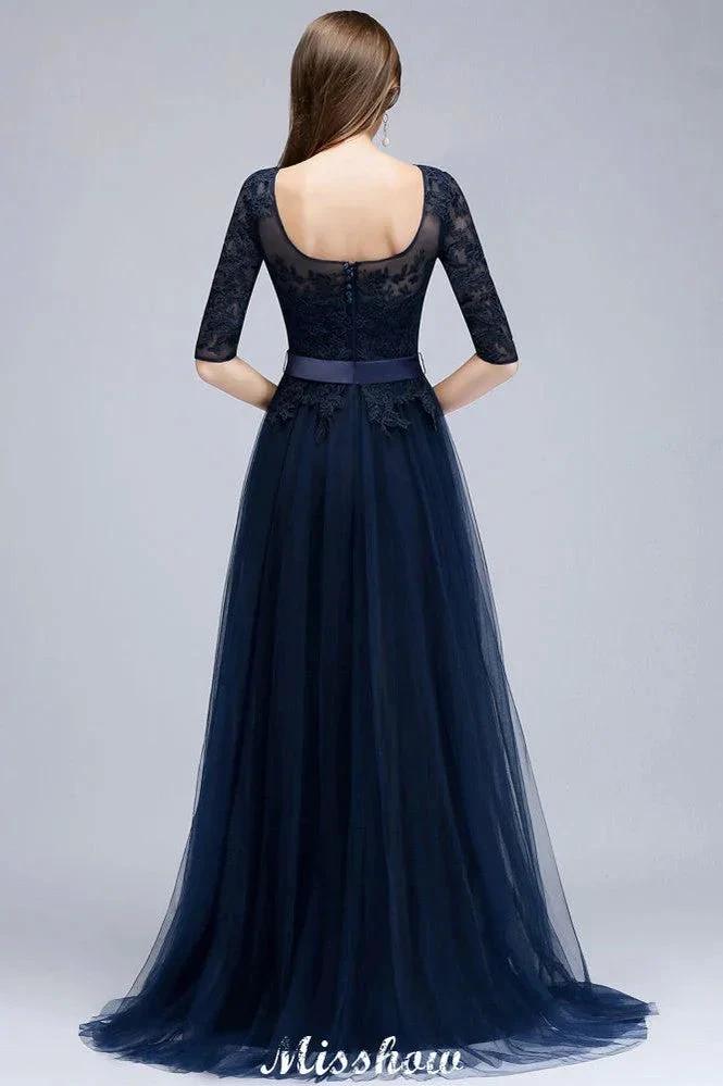 Elegant A-Line Half-Sleeves Lace Appliques Dark Navy Bridesmaid Dresses