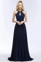 Elegant A-line Keyhole Neckline Halter Long Beading Prom Dresses