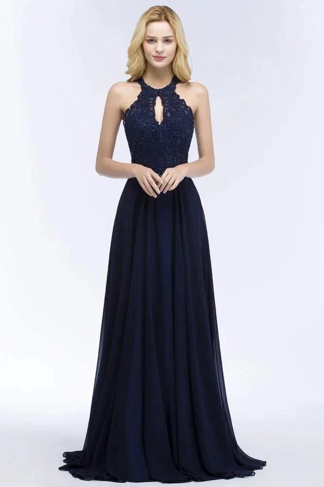 Elegant A-line Keyhole Neckline Halter Long Beading Prom Dresses