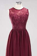 Elegant A-line Lace Sleeveless Bridesmaid Dresses Chiffon Jewel Ruffles Floor-Length Evening Dress with Appliques