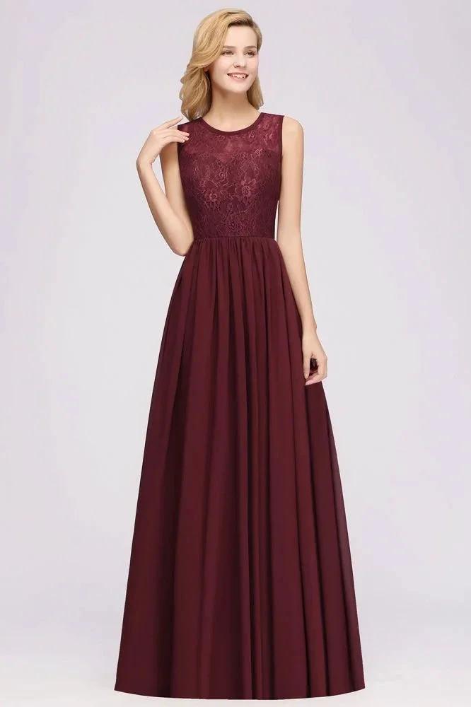 Elegant A-line Lace Sleeveless Bridesmaid Dresses Chiffon Jewel Ruffles Floor-Length Evening Dress with Appliques