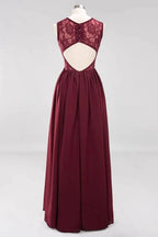 Elegant A-line Lace Sleeveless Bridesmaid Dresses Chiffon Jewel Ruffles Floor-Length Evening Dress with Appliques
