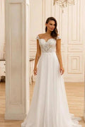 Elegant A-Line Lace Sweetheart Sleeveless White Wedding Dresses With Appliques Ruffles