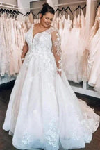 Elegant A-line Lace V-neck Plus Size wedding dresses with Long sleeves