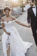 Elegant A-Line Off Shoulder White Tulle Wedding Dress with Appliques  WD337